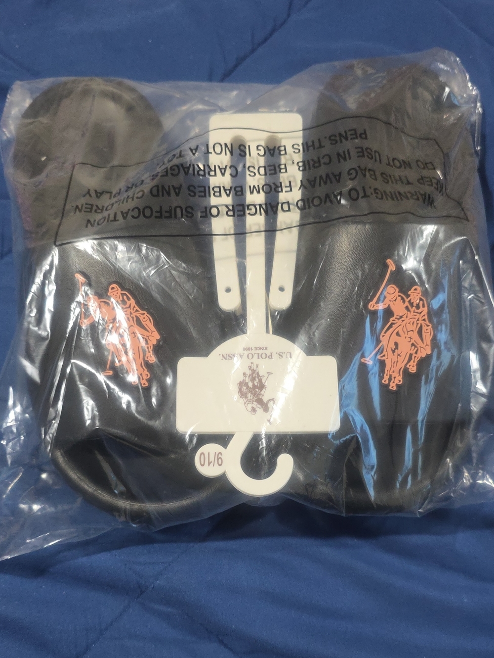 New U.S. Polo Black Slides with Orange Polo Logos